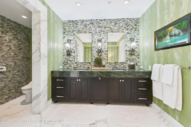 a bathroom with a granite countertop sink a mirror and a shower