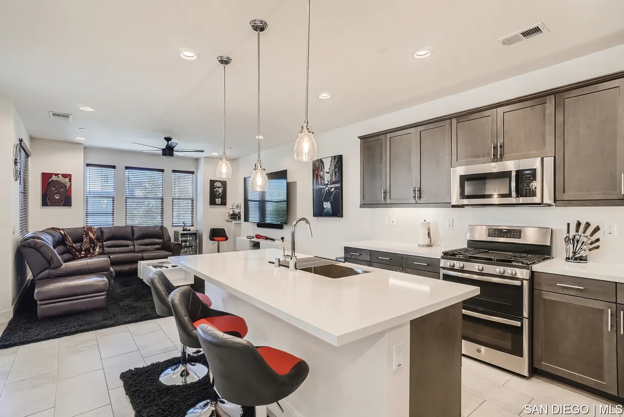 2110 Element Way Chula Vista, CA 91915 - Photo 12 of 33 a kitchen with stainless steel appliances a stove a sink a microwave a refrigerator and cabinets