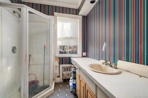 a bathroom with a sink a mirror and a shower