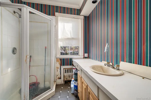 a bathroom with a sink a mirror and a shower