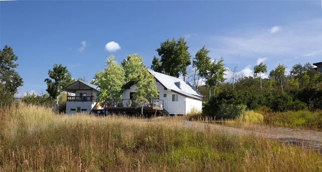a view of a house next to a yard with plants and large trees