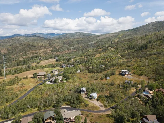 an aerial view of residential houses with outdoor space and trees