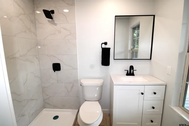 a bathroom with a toilet sink vanity shower and mirror