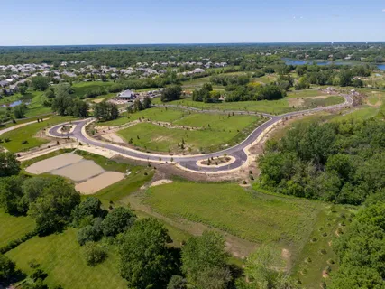 an aerial view of residential houses with outdoor space and trees