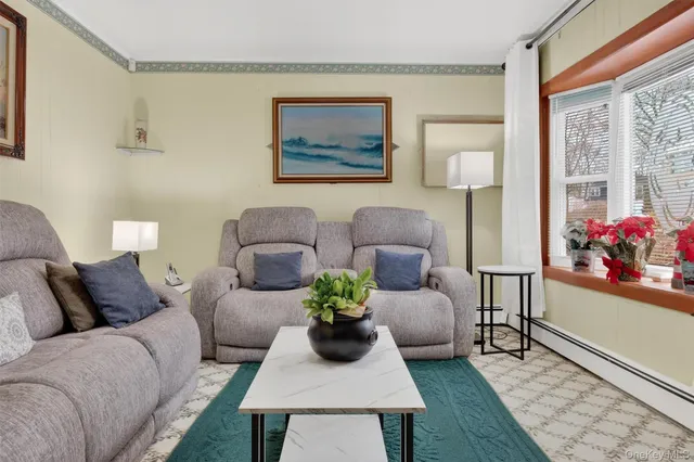 a living room with furniture potted plant and window