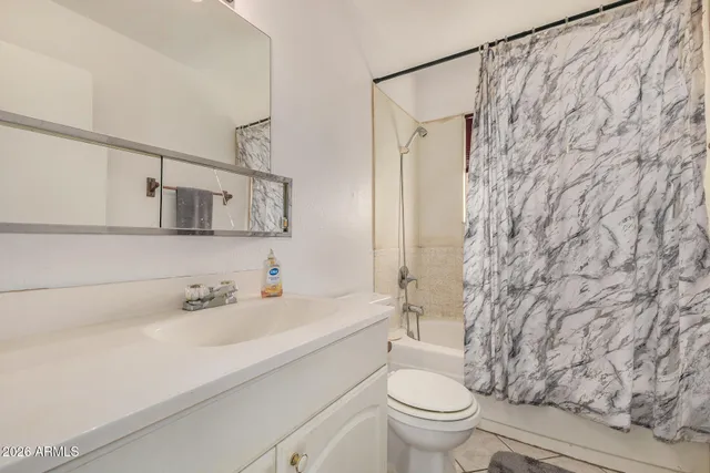 a bathroom with a sink a toilet and shower curtain