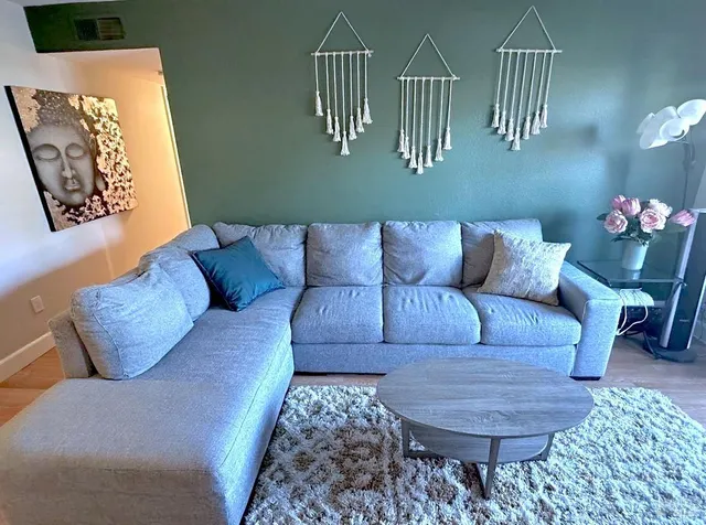 a living room with furniture and a rug