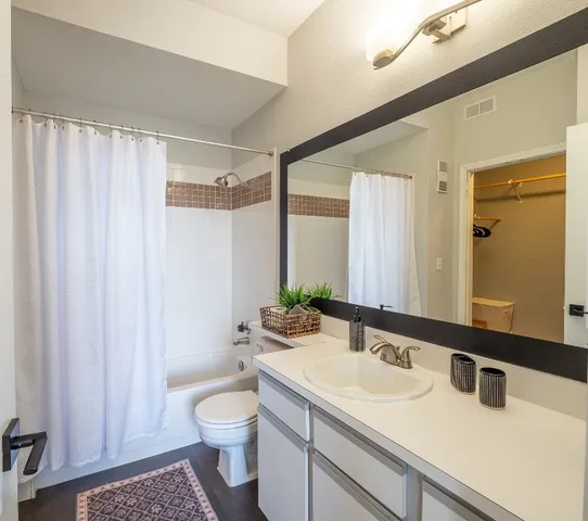 a bathroom with a granite countertop sink toilet and shower
