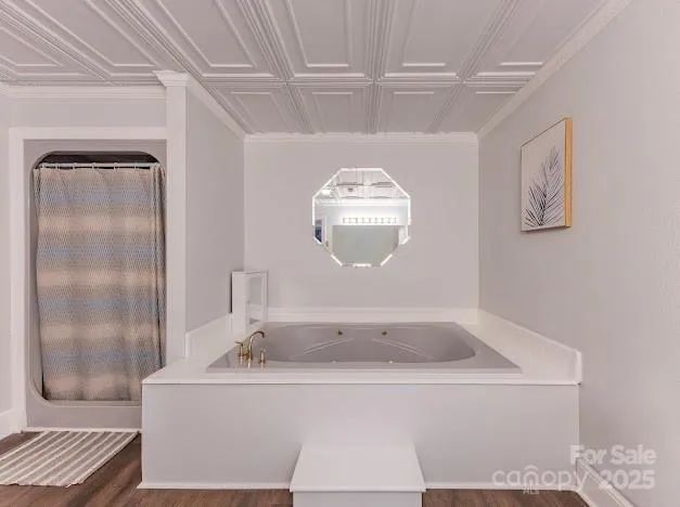 a bathroom with a bathtub and a shower