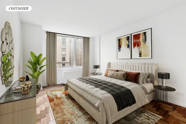 a bedroom with a bed and a potted plant