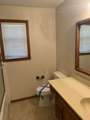 a bathroom with a sink a toilet and mirror