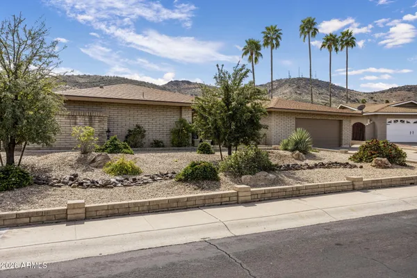 front view of house with potted plants and palm trees