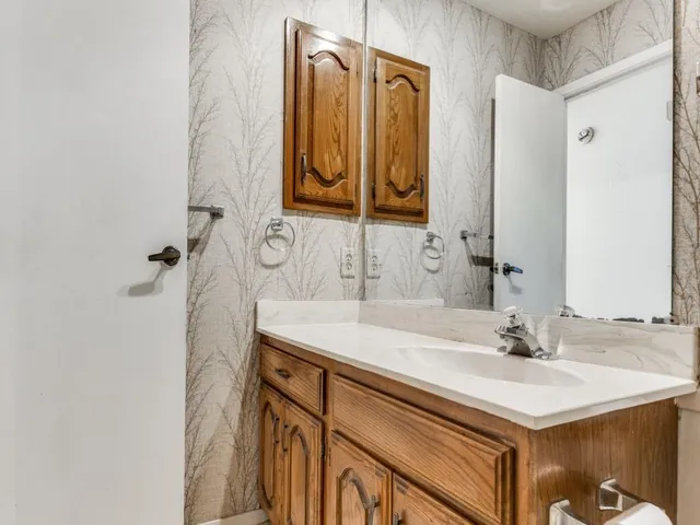a bathroom with a sink vanity and a mirror