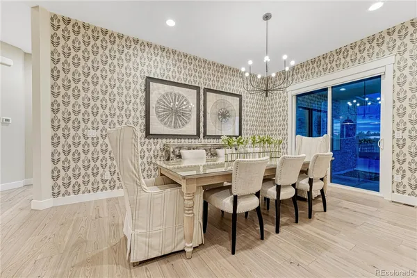 a view of a dining room with furniture