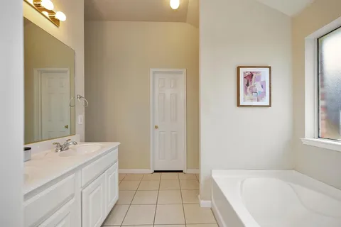 a bathroom with a tub sink and mirror