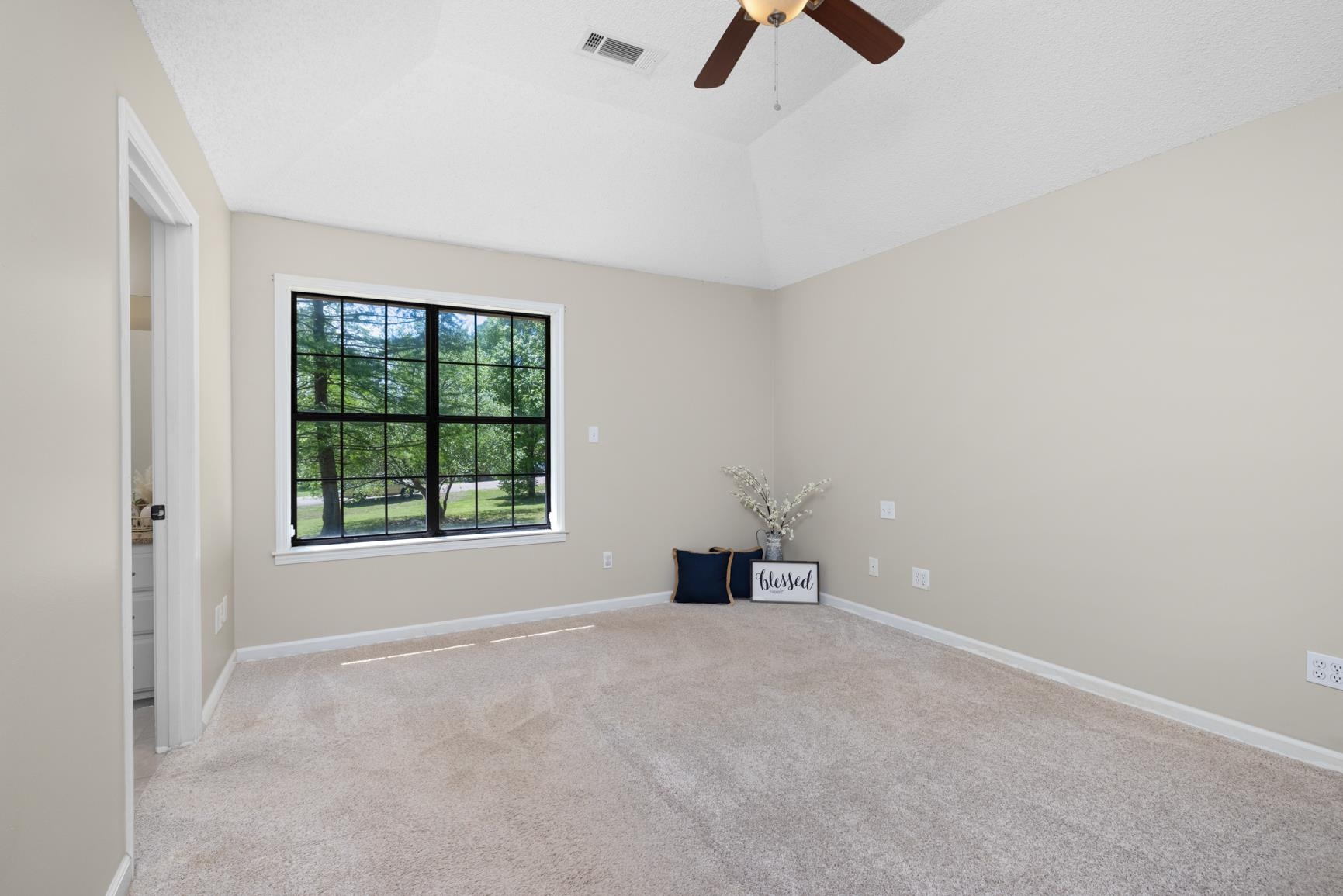 284 Pwr Loop Munford, TN 38058 - Photo 15 of 36 Unfurnished room with light carpet, ceiling fan, vaulted ceiling, and a raised ceiling