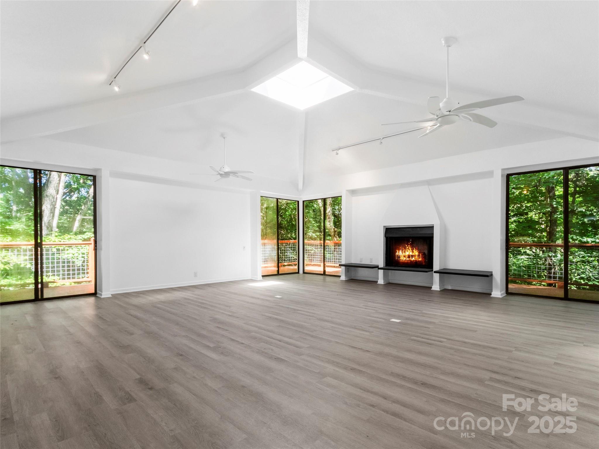 141 Wildflower Road Spruce Pine, NC 28777 - Photo 10 of 22 an empty room with windows fireplace and a ceiling fan