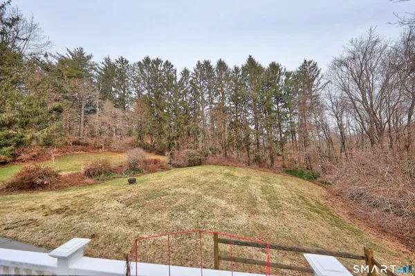 a view of a yard with trees in the background