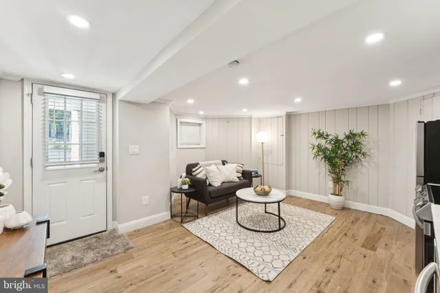 a living room with furniture and a potted plant