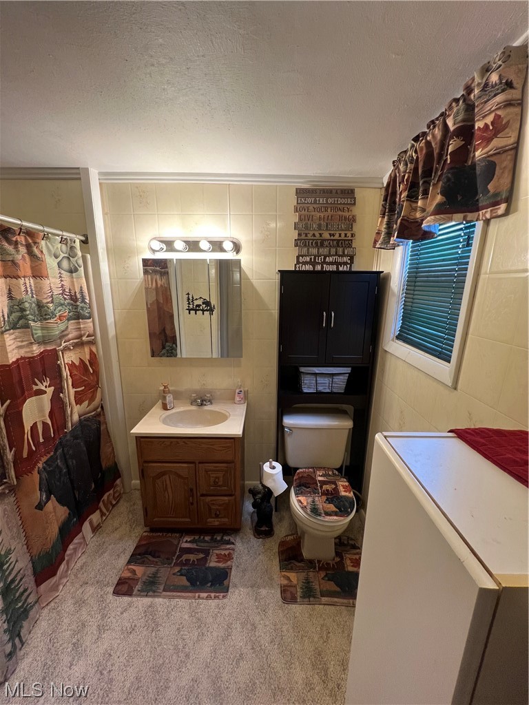 1012 Dugan Road Belpre, OH 45714 - Photo 22 of 29 Bathroom with vanity, toilet, tile walls, and a textured ceiling