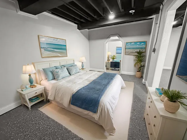 a spacious bedroom with a bed window and potted plant