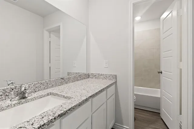 a bathroom with a granite countertop sink and a bathtub