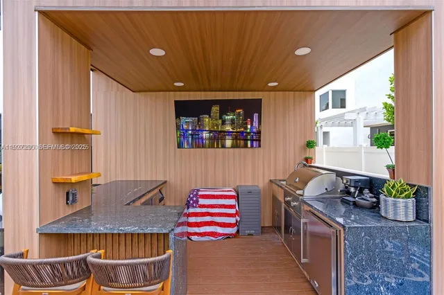 a living room with granite countertop furniture and a potted plant