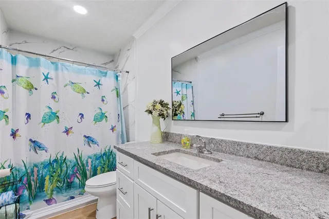 a bathroom with a granite countertop sink a toilet and a mirror
