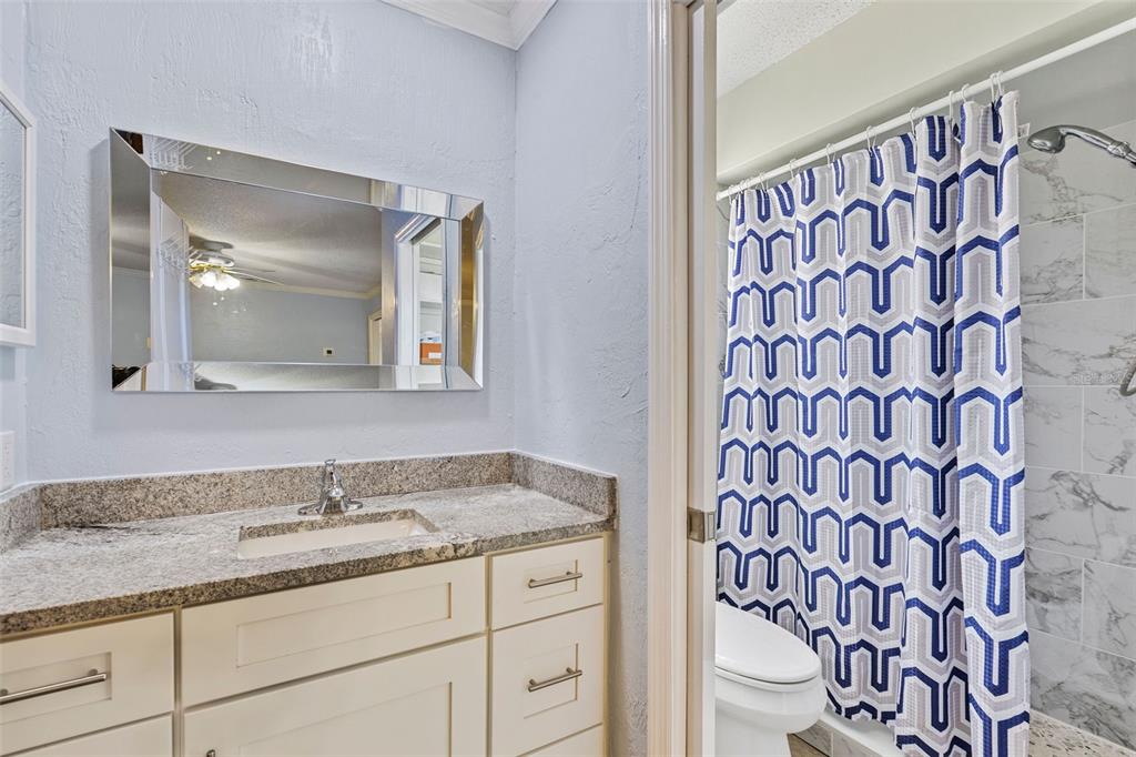 1855 Pine Tree Drive Edgewater, FL 32141 - Photo 24 of 26 a bathroom with a granite countertop sink a toilet and a mirror