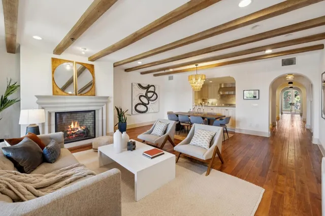 a living room with furniture a fireplace and a potted plant
