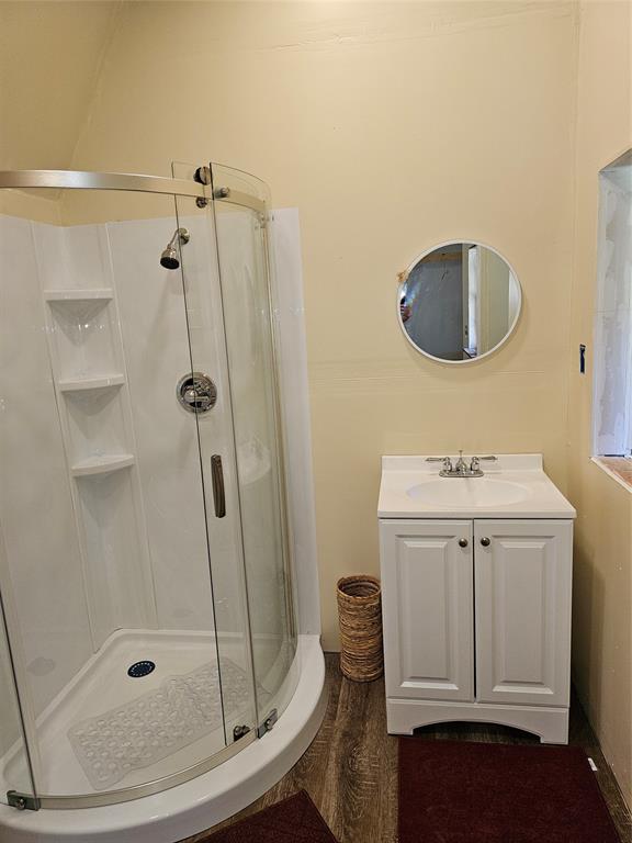 19069 Highway 6 Carbon, TX 76435 - Photo 11 of 15 Bathroom featuring a shower with shower door, wood-type flooring, and oversized vanity