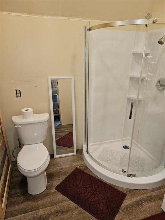 19069 Highway 6 Carbon, TX 76435 - Photo 10 of 15 Bathroom featuring an enclosed shower, toilet, and hardwood / wood-style flooring