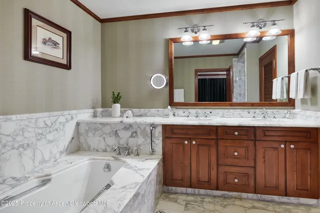 a bathroom with a granite countertop double vanity sink and a large mirror
