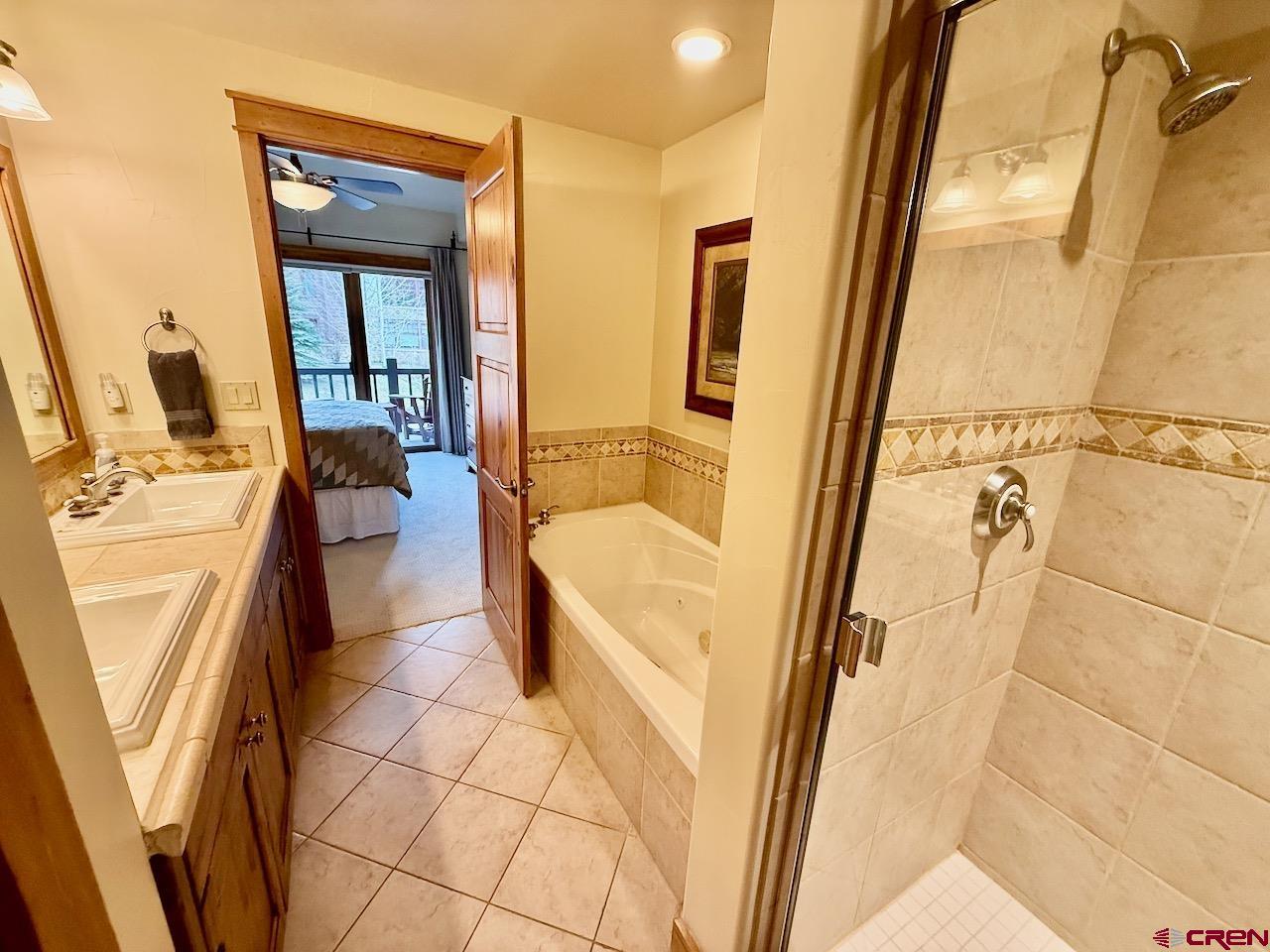 9 Hunter Hill Road, Unit 205 Crested Butte, CO 81225 - Photo 17 of 28 a bathroom with sink a mirror a bathtub and next to a window