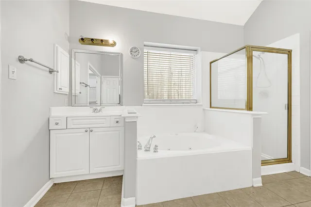 a bathroom with a double vanity sink a mirror and a shower