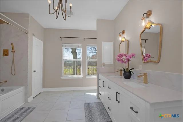 a bathroom with a sink a mirror and a shower