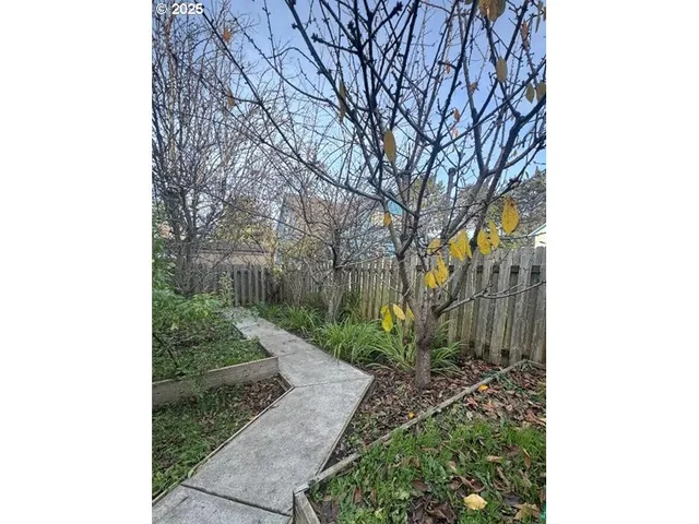 a pathway of a house with trees in front of it