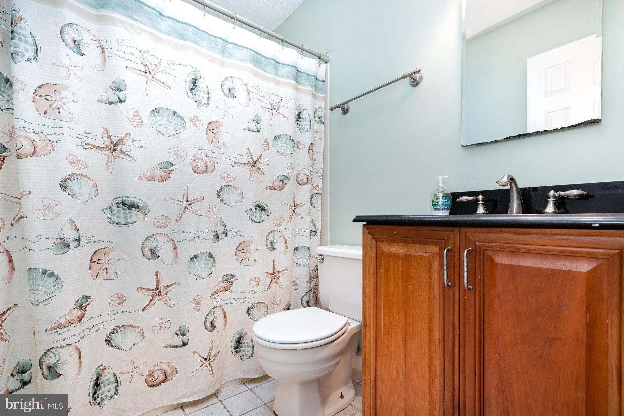 4530 Rincon Place Dumfries, VA 22025 - Photo 30 of 45 a bathroom with a granite countertop toilet a sink and a shower curtain