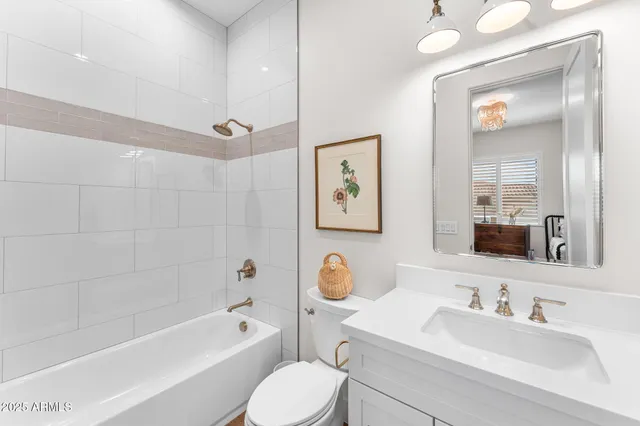 a bathroom with a toilet a sink a mirror a bathtub and vanity