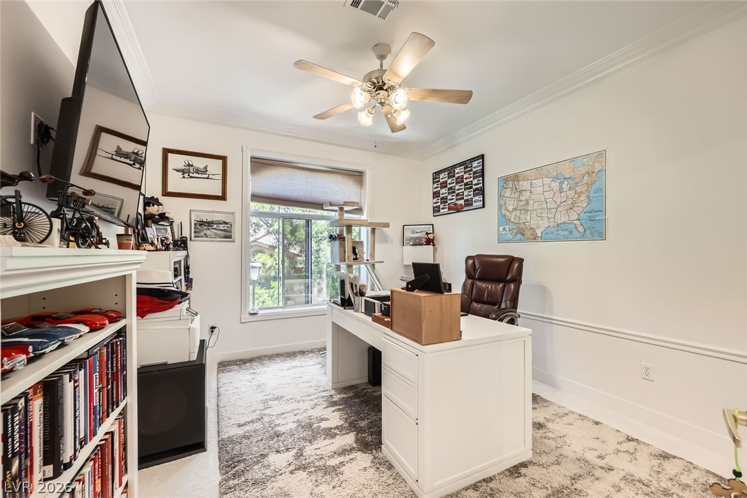 2050 West Warm Springs Road, Unit 3624 Henderson, NV 89014 - Photo 22 of 40 Office with light carpet, ceiling fan, and ornamental molding