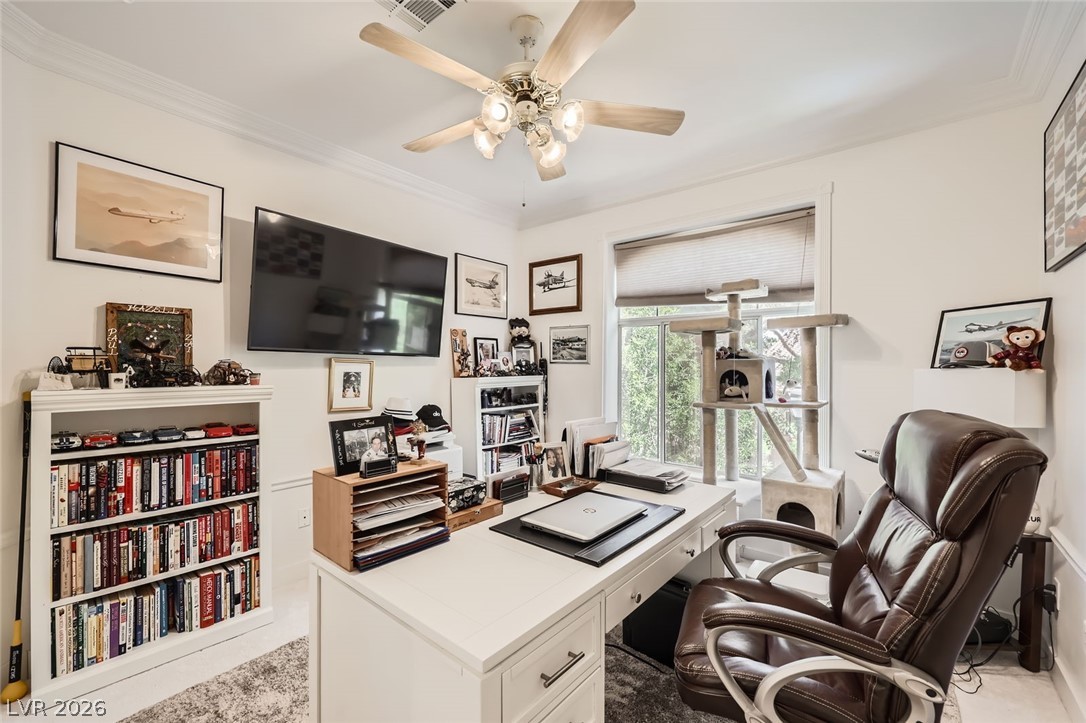 2050 West Warm Springs Road, Unit 3624 Henderson, NV 89014 - Photo 23 of 40 Office with a ceiling fan and crown molding