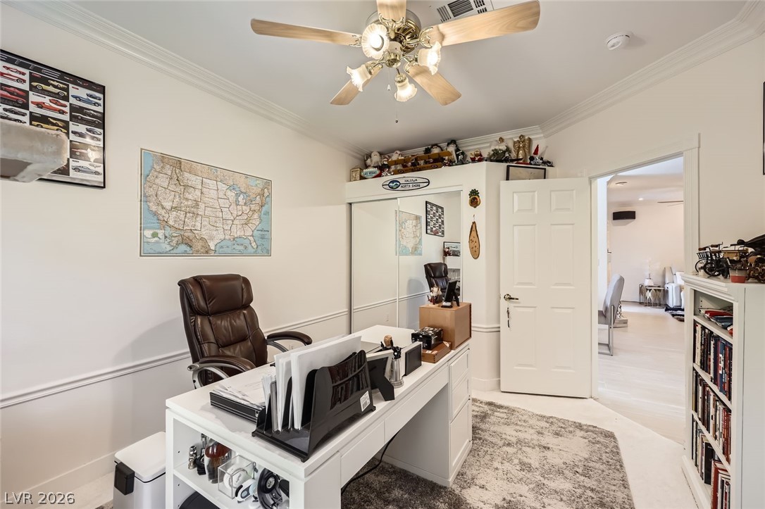2050 West Warm Springs Road, Unit 3624 Henderson, NV 89014 - Photo 24 of 40 Home office featuring ornamental molding and a ceiling fan