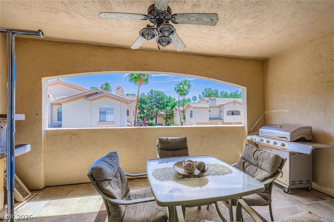 2050 West Warm Springs Road, Unit 3624 Henderson, NV 89014 - Photo 33 of 40 Patio / terrace featuring area for grilling, ceiling fan, and outdoor dining space