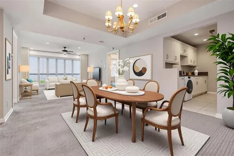 a view of a dining room and livingroom with furniture a rug a potted plant and a chandelier