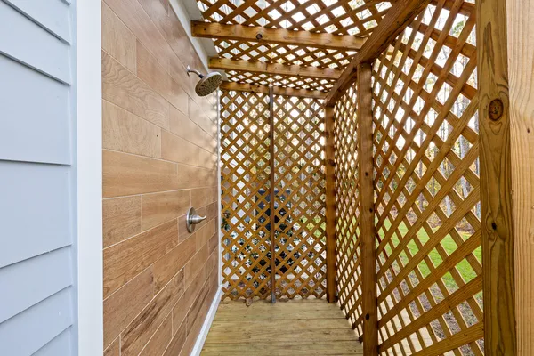 a bathroom with a shower curtain