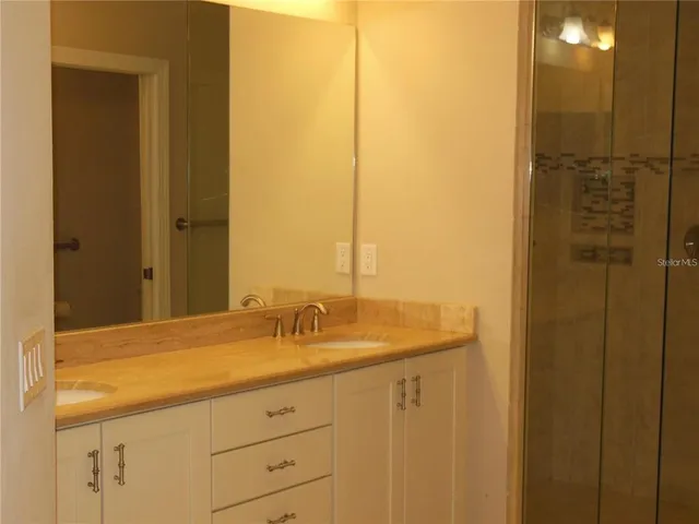 a bathroom with a sink and a mirror