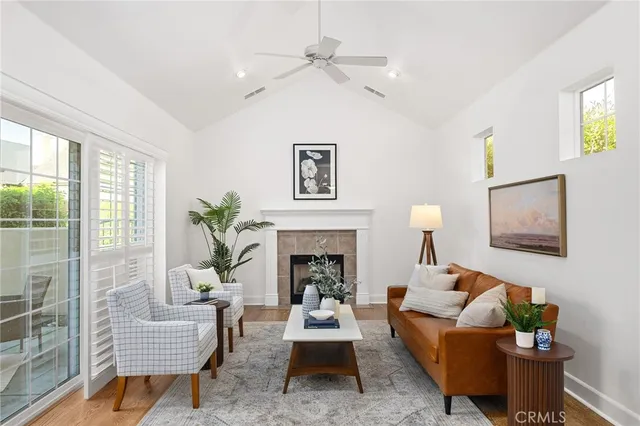 a living room with furniture a fireplace and a potted plant