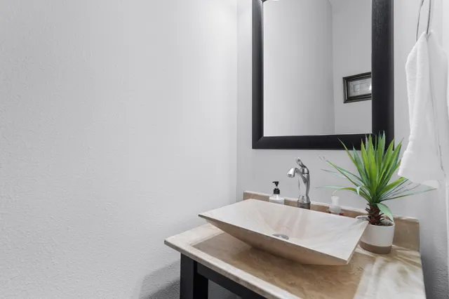 a bathroom with a sink a mirror and a potted plant