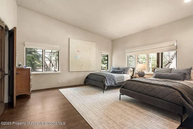 a bedroom with a bed and a couch