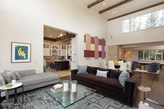 a living room with furniture and a table